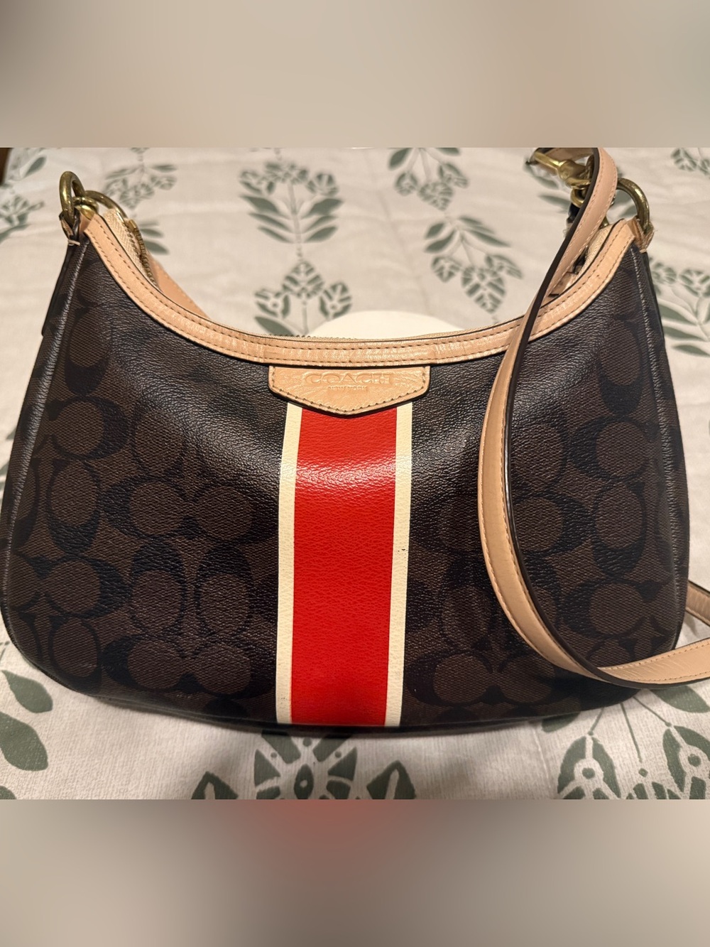 Coach Brown Signature Canvas Shoulder Bag with Red and Cream Stripe
